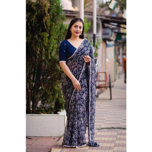 pkrkart Women's Georgette Printed Saree With Unstitched Blouse (Navyblue)