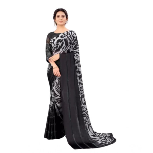 pkrkart Women's Satin Patta Printed Saree With Unstitched Blouse (Grey)