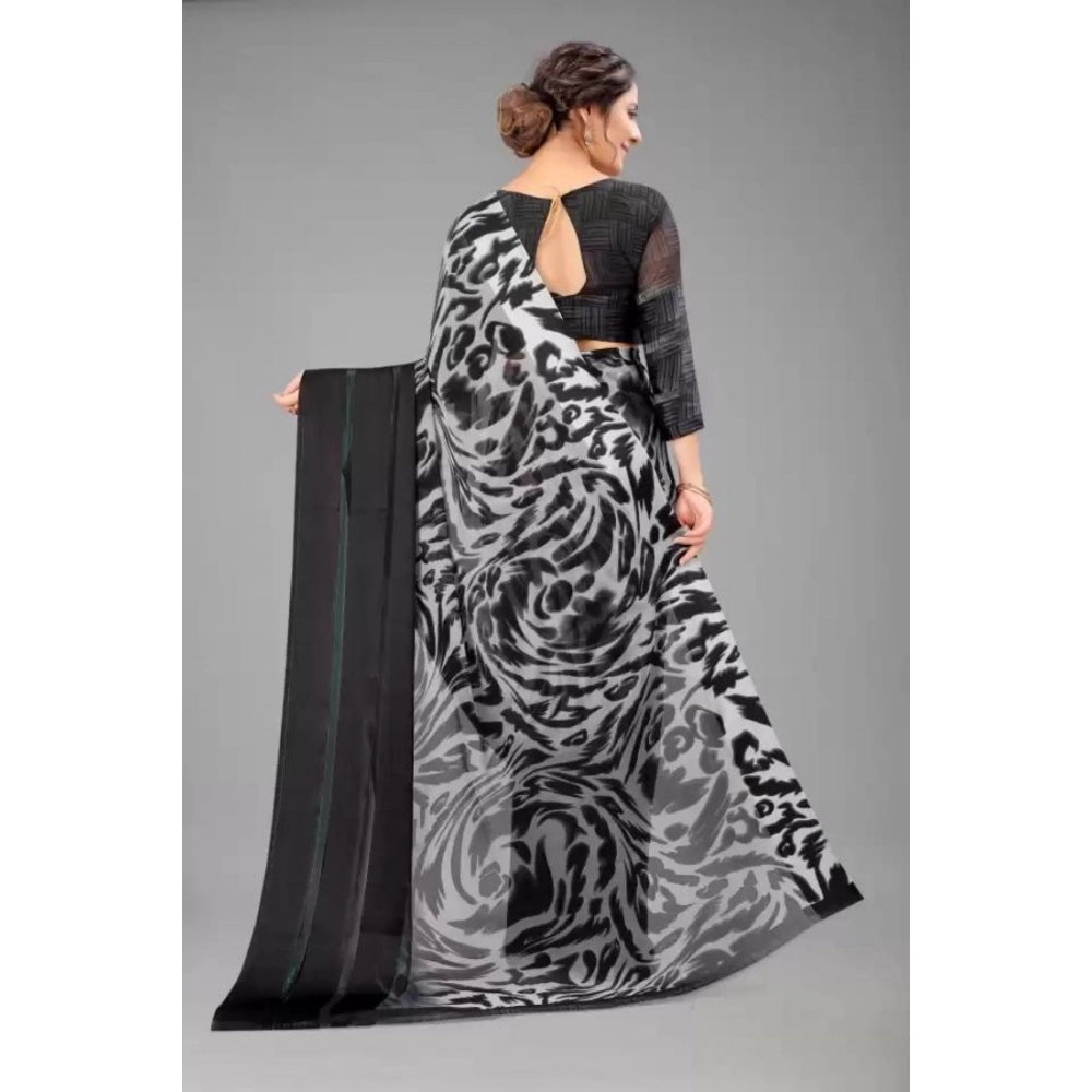pkrkart Women's Satin Patta Printed Saree With Unstitched Blouse (Grey)