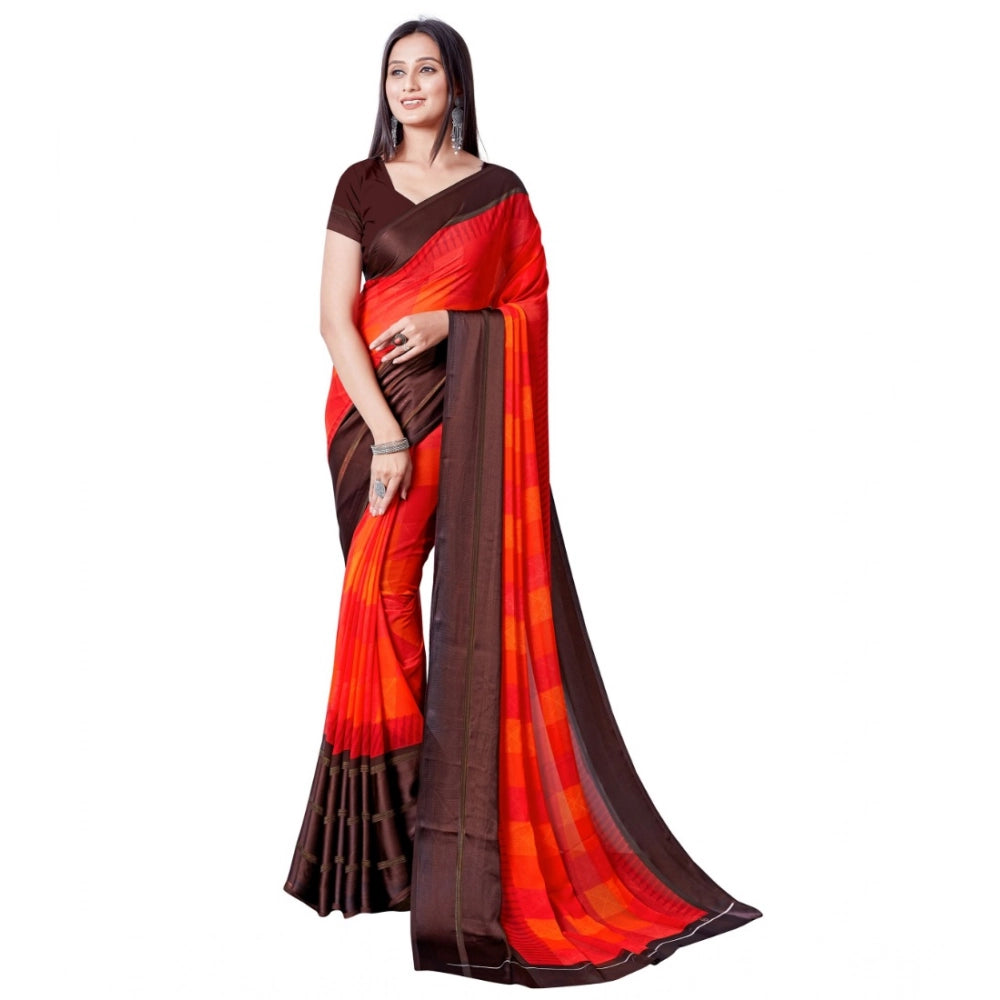 pkrkart Women's Satin Patta Printed Saree With Unstitched Blouse (Red)
