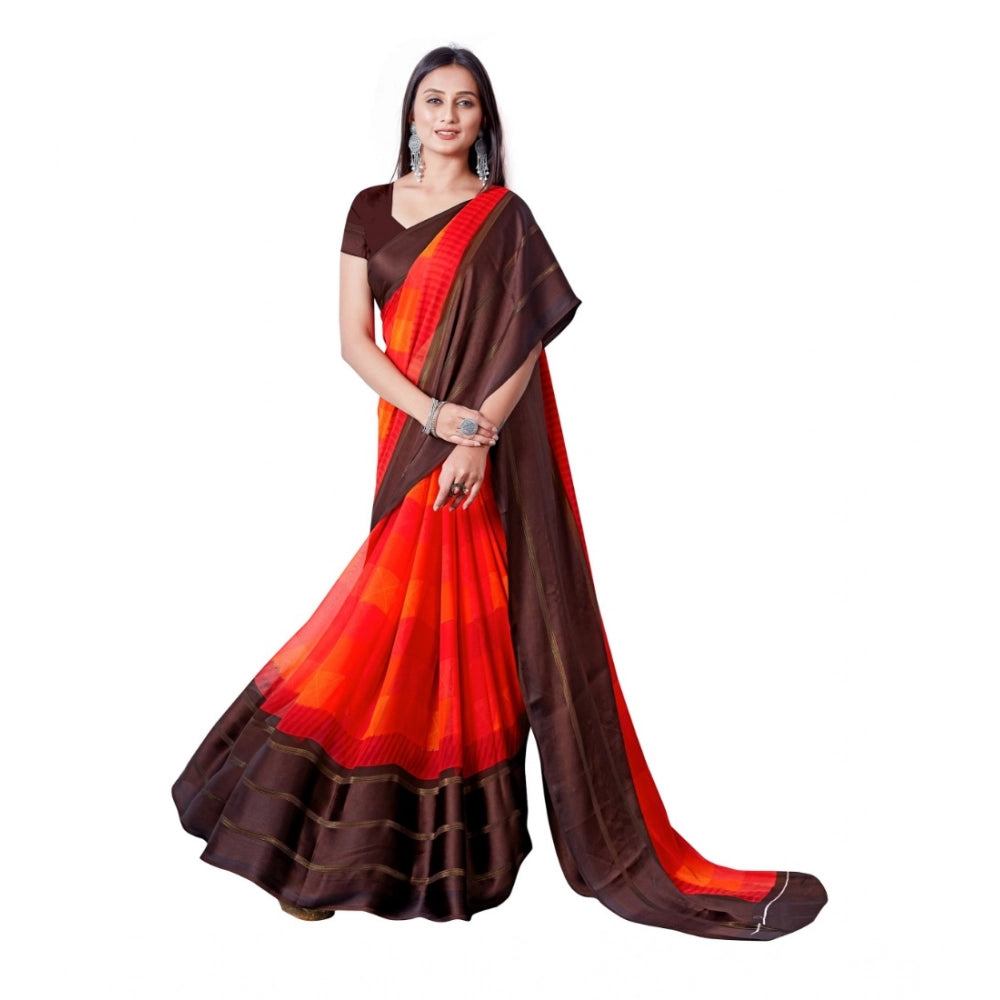pkrkart Women's Satin Patta Printed Saree With Unstitched Blouse (Red)