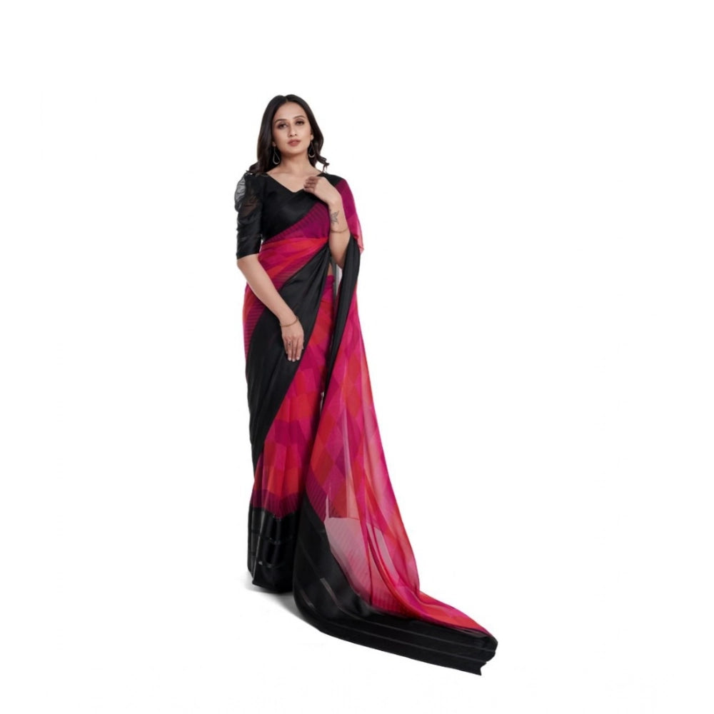 pkrkart Women's Satin Patta Printed Saree With Unstitched Blouse (Pink)
