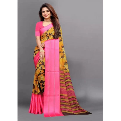 pkrkart Women's Satin Patta Printed Saree With Unstitched Blouse (Pink)