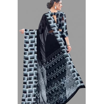 pkrkart Women's Satin Patta Printed Saree With Unstitched Blouse (Black)