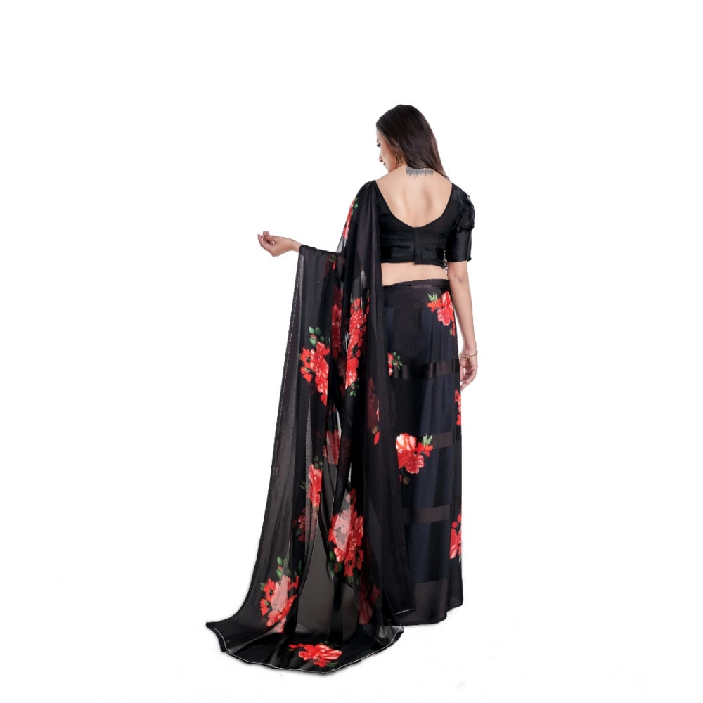 pkrkart Women's Satin Patta Printed Saree With Unstitched Blouse (Red)