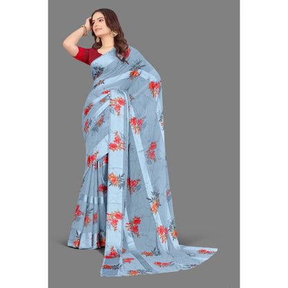 pkrkart Women's Satin Patta Printed Saree With Unstitched Blouse (Grey)