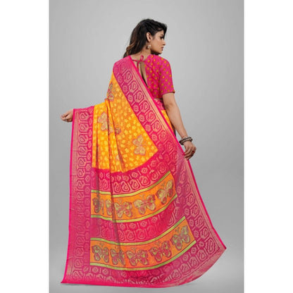 pkrkart Women's Viscose Rayon Printed Saree With Unstitched Blouse (Yellow)
