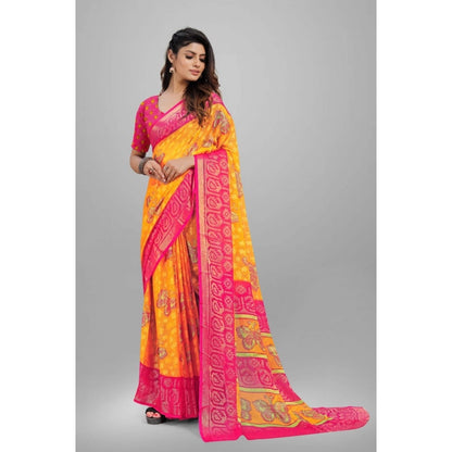 pkrkart Women's Viscose Rayon Printed Saree With Unstitched Blouse (Yellow)