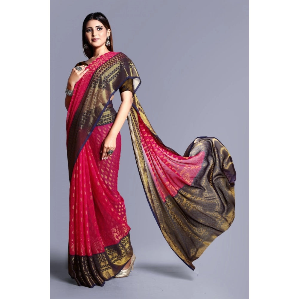 pkrkart Women's Viscose Rayon Printed Saree With Unstitched Blouse (Pink)
