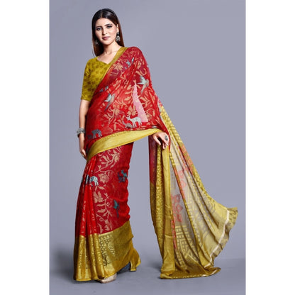pkrkart Women's Viscose Rayon Printed Saree With Unstitched Blouse (Red)