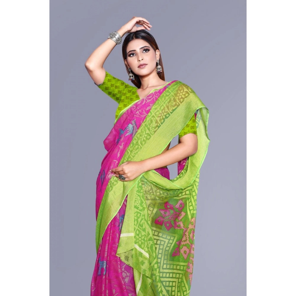 pkrkart Women's Viscose Rayon Printed Saree With Unstitched Blouse (Pink)
