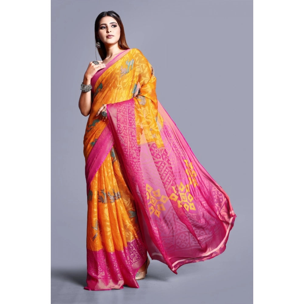 pkrkart Women's Viscose Rayon Printed Saree With Unstitched Blouse (Yellow)