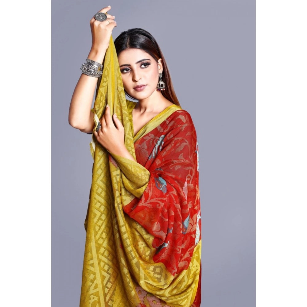pkrkart Women's Viscose Rayon Printed Saree With Unstitched Blouse (Red)