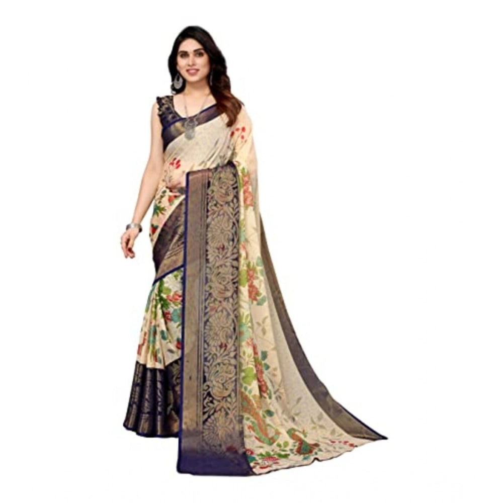 pkrkart Women's Viscose Rayon Printed Saree With Unstitched Blouse (Navy Blue)