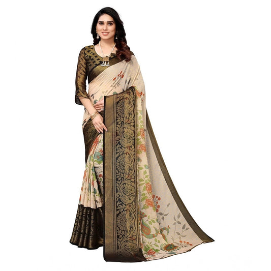 pkrkart Women's Viscose Rayon Printed Saree With Unstitched Blouse (Black)