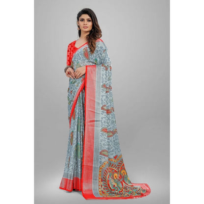 pkrkart Women's Viscose Rayon Printed Saree With Unstitched Blouse (Grey)