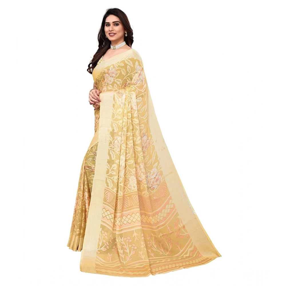 pkrkart Women's Viscose Rayon Printed Saree With Unstitched Blouse (Yellow)