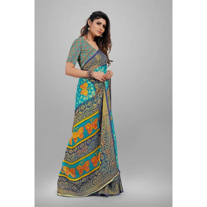 pkrkart Women's Viscose Rayon Printed Saree With Unstitched Blouse (Sky Blue)