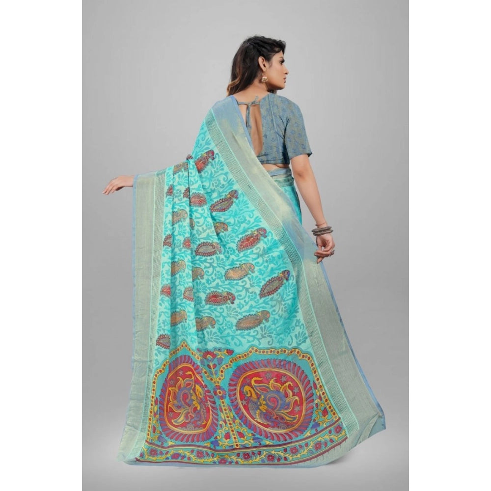 pkrkart Women's Viscose Rayon Printed Saree With Unstitched Blouse (Sky Blue)
