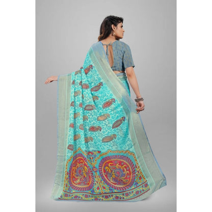 pkrkart Women's Viscose Rayon Printed Saree With Unstitched Blouse (Sky Blue)