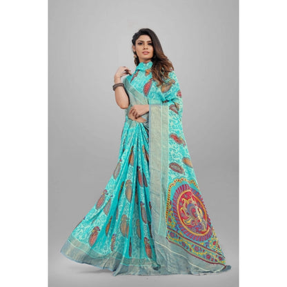 pkrkart Women's Viscose Rayon Printed Saree With Unstitched Blouse (Sky Blue)