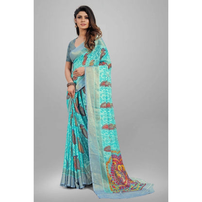 pkrkart Women's Viscose Rayon Printed Saree With Unstitched Blouse (Sky Blue)