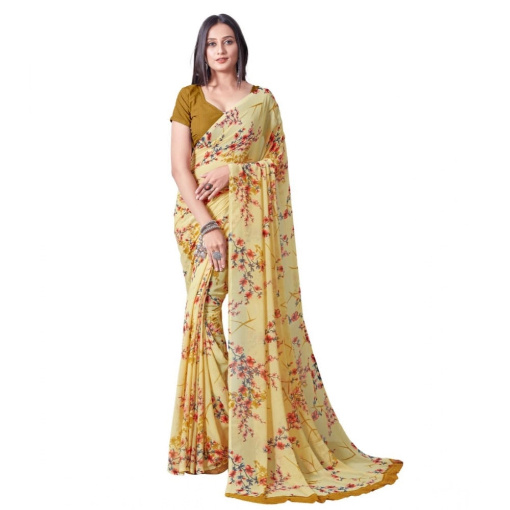 pkrkart Women's Georgette Printed Saree With Unstitched Blouse (Yellow)