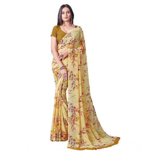 pkrkart Women's Georgette Printed Saree With Unstitched Blouse (Yellow)