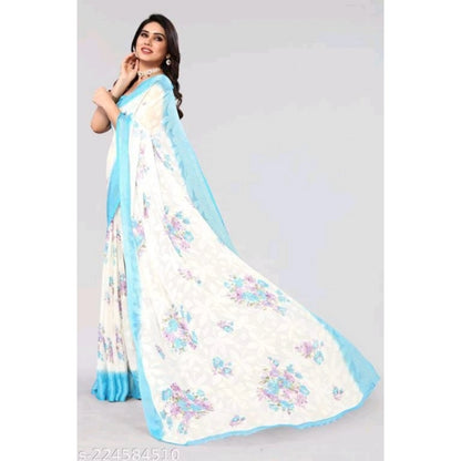 pkrkart Women's Viscose Rayon Printed Saree With Unstitched Blouse (Sky Blue)