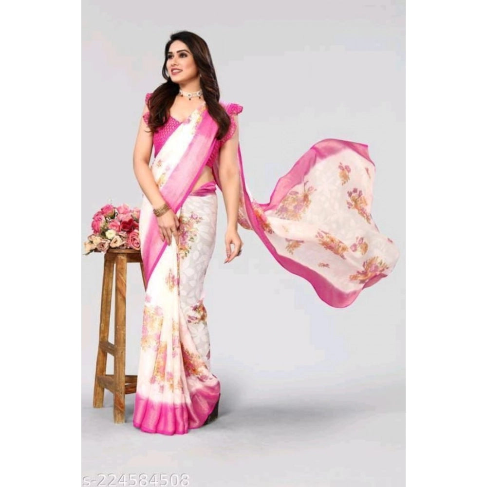 pkrkart Women's Viscose Rayon Printed Saree With Unstitched Blouse (Pink)