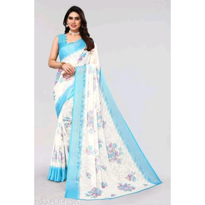 pkrkart Women's Viscose Rayon Printed Saree With Unstitched Blouse (Sky Blue)