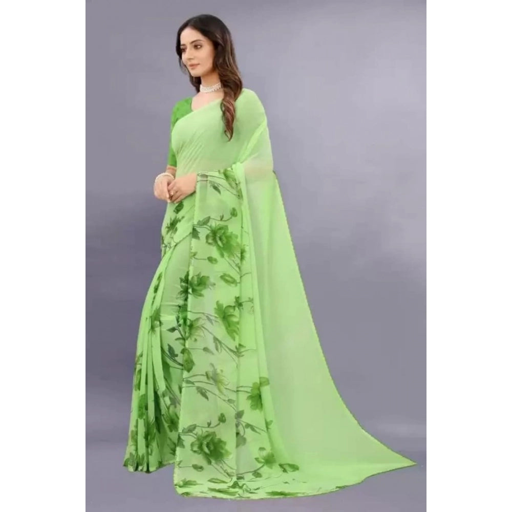 pkrkart Women's Georgette Printed Saree With Unstitched Blouse (Green)