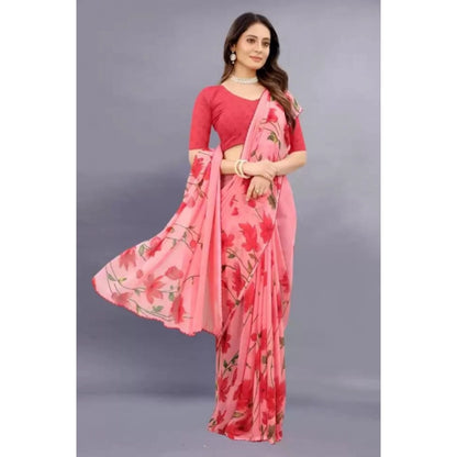 pkrkart Women's Georgette Printed Saree With Unstitched Blouse (Red)