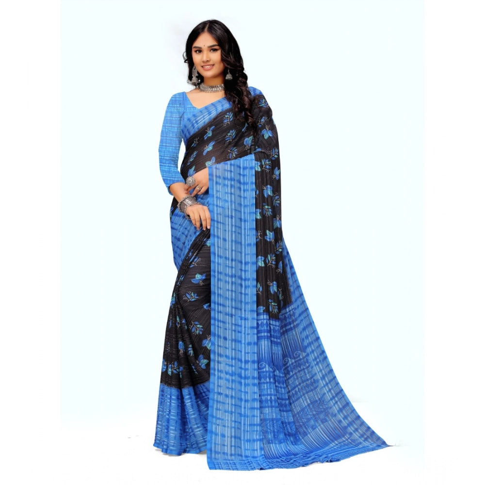 pkrkart Women's Georgette Printed Saree With Unstitched Blouse (Blue)