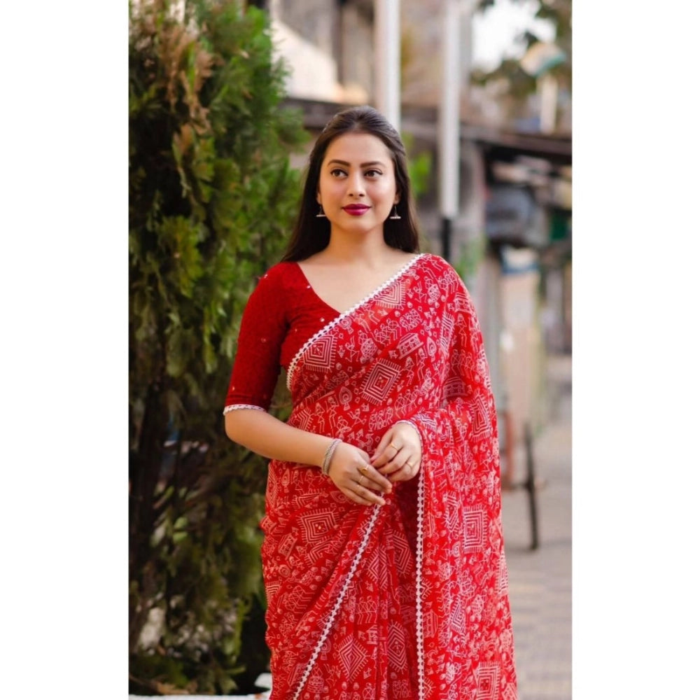 pkrkart Women's Georgette Printed Saree With Unstitched Blouse (Red)