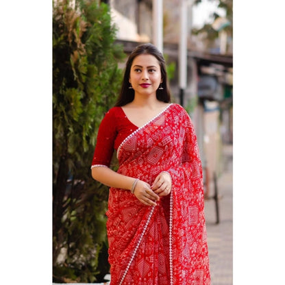 pkrkart Women's Georgette Printed Saree With Unstitched Blouse (Red)