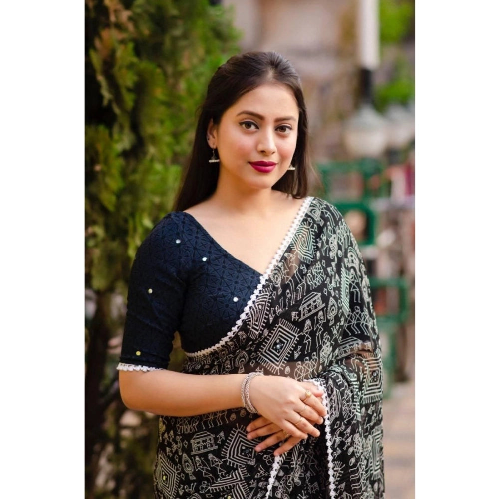 pkrkart Women's Georgette Printed Saree With Unstitched Blouse (Black)