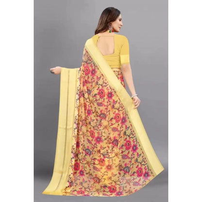 pkrkart Women's Satin Patta Printed Saree With Unstitched Blouse (Yellow)