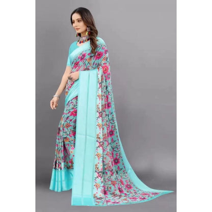 pkrkart Women's Satin Patta Printed Saree With Unstitched Blouse (Skyblue)