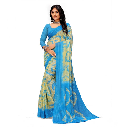 pkrkart Women's Georgette Printed Saree With Unstitched Blouse (Skyblue)