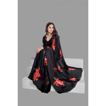 pkrkart Women's Satin Patta Printed Saree With Unstitched Blouse (Red)