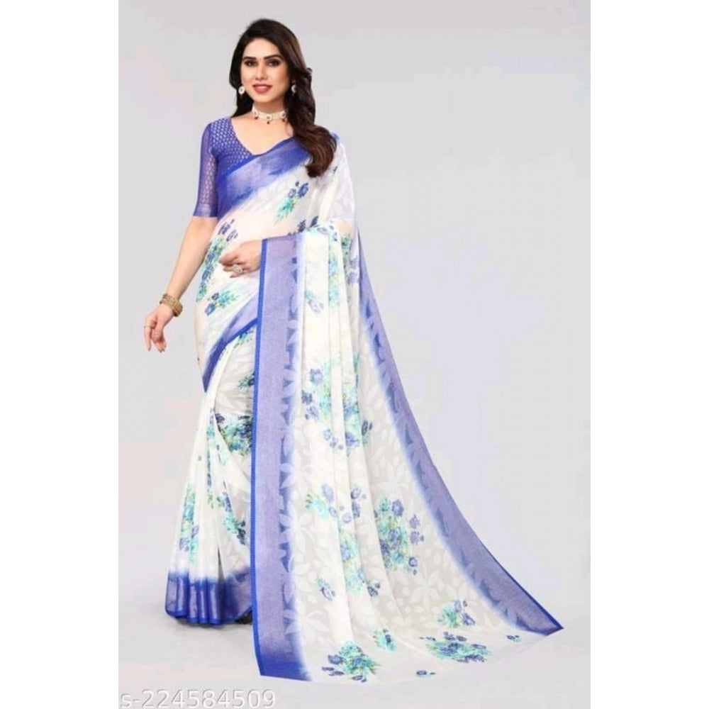 pkrkart Women's Viscose Rayon Printed Saree With Unstitched Blouse (Blue)