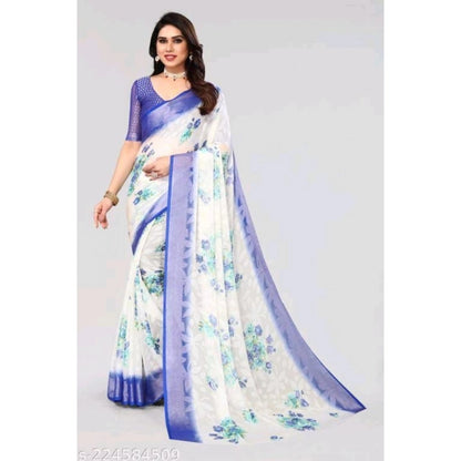 pkrkart Women's Viscose Rayon Printed Saree With Unstitched Blouse (Blue)
