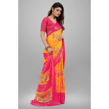 pkrkart Women's Viscose Rayon Printed Saree With Unstitched Blouse (Yellow)