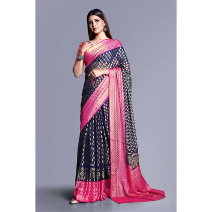 pkrkart Women's Viscose Rayon Printed Saree With Unstitched Blouse (Navy Blue)