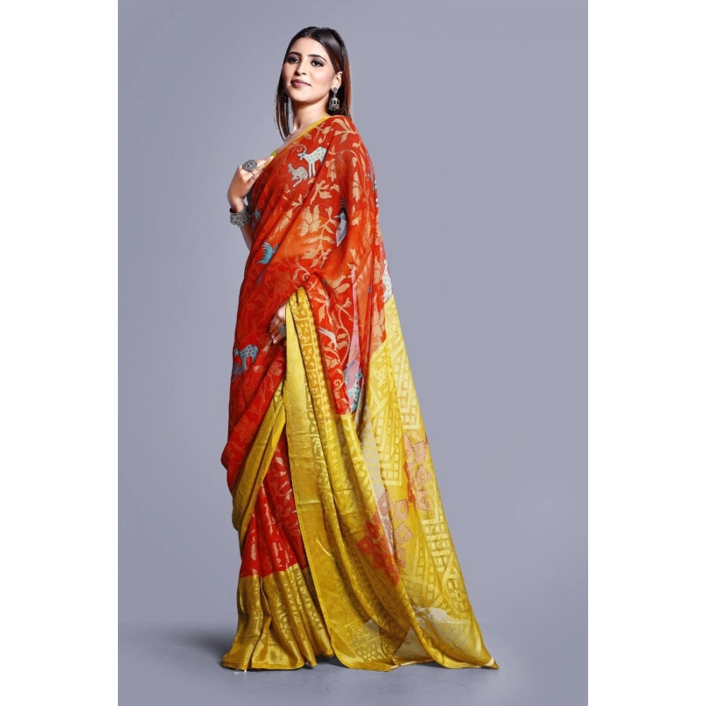 pkrkart Women's Viscose Rayon Printed Saree With Unstitched Blouse (Red)