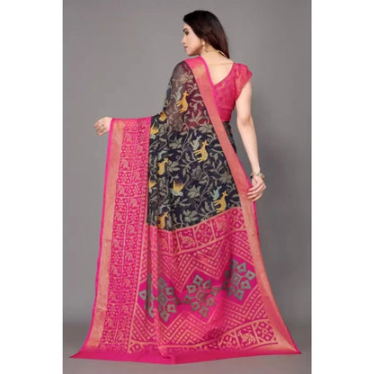 pkrkart Women's Viscose Rayon Printed Saree With Unstitched Blouse (Navy Blue)