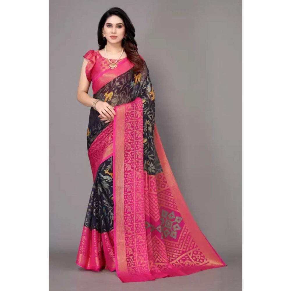 pkrkart Women's Viscose Rayon Printed Saree With Unstitched Blouse (Navy Blue)