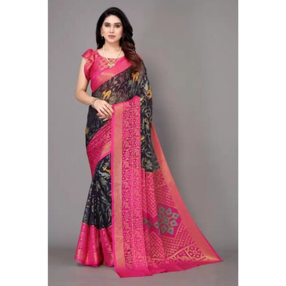 pkrkart Women's Viscose Rayon Printed Saree With Unstitched Blouse (Navy Blue)