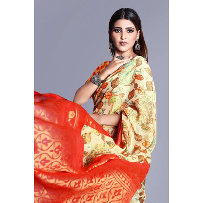 pkrkart Women's Viscose Rayon Printed Saree With Unstitched Blouse (Red)